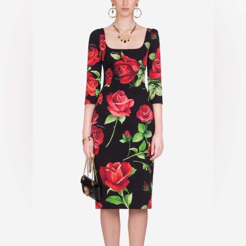 Dolce & Gabbana Black Dress with Red Floral Pattern, Size 42 Italy